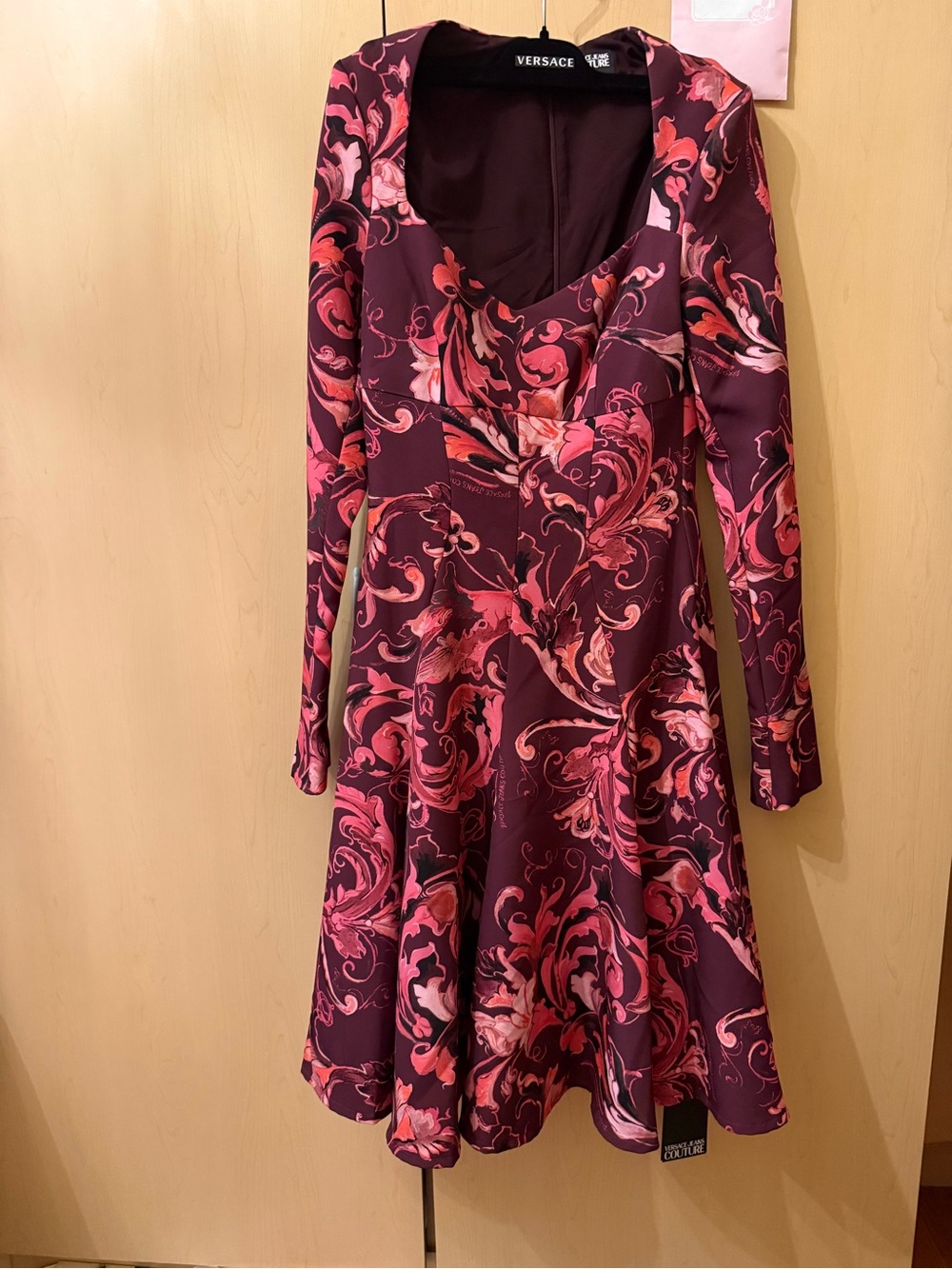 Versace Burgundy and Pink Long-Sleeve Floral Fit & Flare Dress